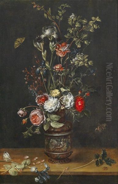 Blumenstraus Mit Rosen, Tulpen, Iris, Und Einer Mimose In Einer Ornamental Verzierten Tonvase, Mit Drei Schmetterlingen Und Einer Libelle Oil Painting by Alexander Adriaenssen