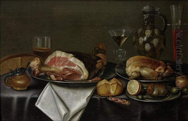 A Still Life With A Ham And Chicken On Silver Plates, Glasses Of Wine And Beer, A Bread Roll, A Peeled Lemon And An Earthenware Jug On A Table Draped With A Grey Cloth Oil Painting by Alexander Adriaenssen