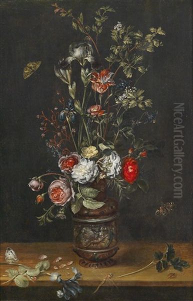Blumenstraus Mit Rosen, Tulpen, Iris, Und Einer Mimose In Einer Ornamental Verzierten Tonvase Oil Painting by Alexander Adriaenssen