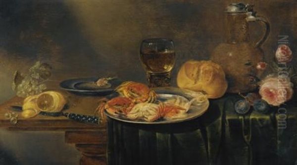 A Still Life With Roses, A Jug, A Loaf Of Bread, A Filled Wine Glass, Two Plates With Prawns And Crabs, A Knife, A Partly-peeled Lemon And Grapes Over A Partly-draped Table Oil Painting by Alexander Adriaenssen