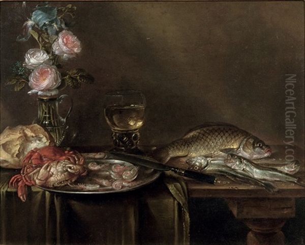 Roses And An Iris In A Glass Vase, Crabs And Prawns On A Pewter Platter, A Bread Roll, A Roemer And Fish, All On A Partly Draped Table Oil Painting by Alexander Adriaenssen