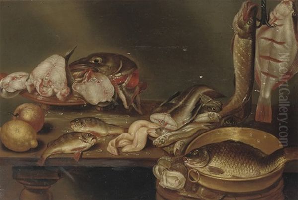 A Lemon, A Peach, Fish Heads On A Plate, A Pike And A Flatfish On A Hook And Eels, All On A Wooden Table Oil Painting by Alexander Adriaenssen