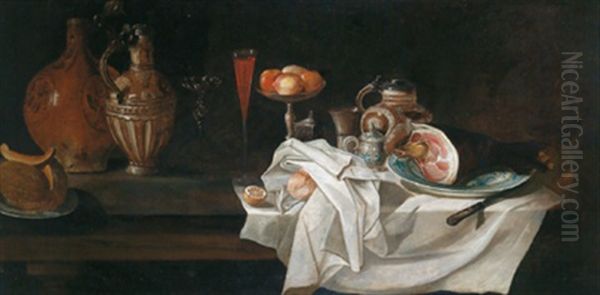 Mahlzeitstillleben Mit Rheinischen Steinzeuggefasen, Einem Schinken Und Einer Obstschale Oil Painting by Alexander Adriaenssen