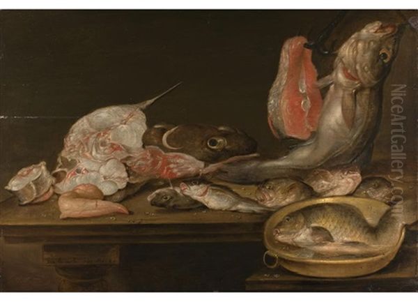 Stilleben Mit Fischen Und Einer Scheibe Lachs Auf Tischplatte Oil Painting by Alexander Adriaenssen