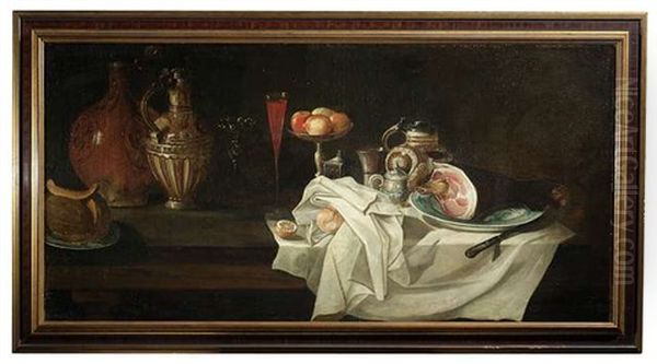 Groses Fruhstucksstilleben Mit Einem Schinken Auf Einem Teller, Krugen, Obstschale, Pokal Mit Rotwein Und Aufgeschnittener Melone Oil Painting by Alexander Adriaenssen