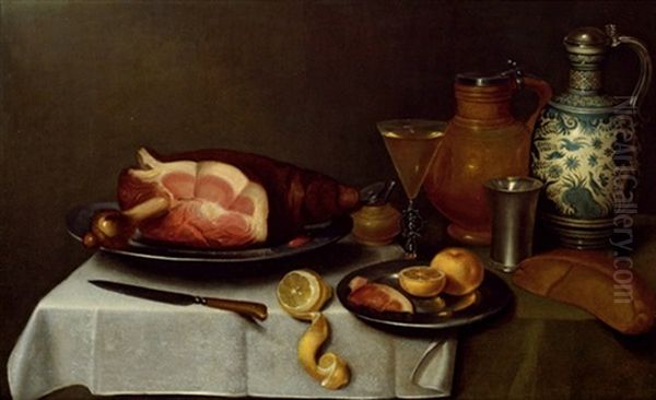 Stilleben: Schinken Und Zitronen Auf 2 Zinntellern, Zinnkelch, Venezianisches Weinglas, 2 Tonkruge, Salzfaschen Und Messer Oil Painting by Alexander Adriaenssen