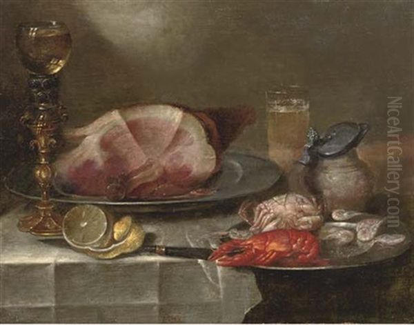A Ham On A Pewter Plate, A Roemer On A Stand, A Partially Peeled Lemon, A Pewter Plate With A Lobster, A Crab And Shrimps, A Pitcher And A Glass Of Beer Oil Painting by Alexander Adriaenssen