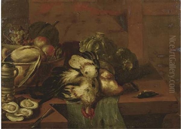 Vegetables, A Hare, A Pheasant, Fruit, And Glass And Silverware On A Draped Table (+ Oysters, A Beer Jug, A Copper Bowl With Fruit, Game And Poultry On A Partially Draped Wooden Table; Pair) Oil Painting by Alexander Adriaenssen