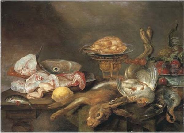 A Hare, A Teal, A Partridge And Fish On A Partly-draped Table With A Roast Chicken On A Brazier, And A Blue And White Porcelain Bowl... Oil Painting by Alexander Adriaenssen