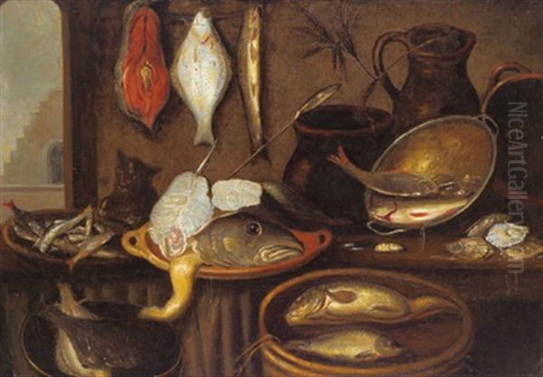 Stillleben Mit Fischen Und Einer Katze In Einer Kuche Oil Painting by Alexander Adriaenssen