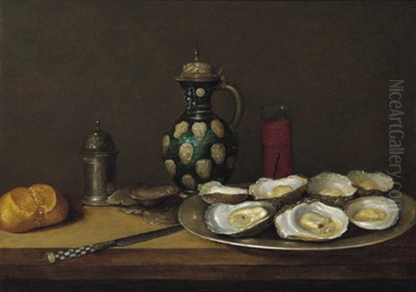 Stillleben Mit Austern, Einem Gefullten Weinglas, Einem Tonkrug Und Einem Brotchen Oil Painting by Alexander Adriaenssen