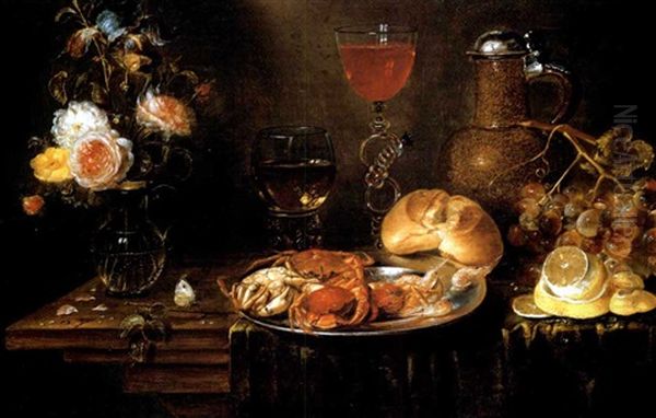 Roses And An Iris In A Glass Vase, Crabs And Prawns On A Pewter Platter, A Facon-de-venise Wineglass, A Stoneware Ewer, A Bunch Of Grapes, A Bread Roll And A Roemer On A Partly-draped Table Oil Painting by Alexander Adriaenssen