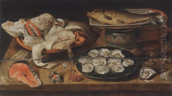 Huitres, Poissons Et Oeufs Dans Differents Plats, Une Darne De Saumon, Des Fleurs Et Des Coquillages Sur Un Entablement En Bois Oil Painting by Alexander Adriaenssen