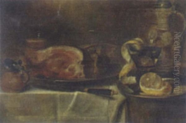 Still Life Of A Ham On A Pewter Plate And Other Objects, All On A Draped Table Oil Painting by Alexander Adriaenssen