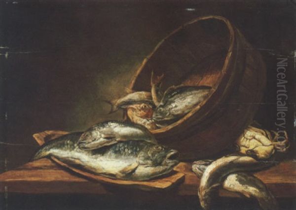 A Bass And A Hake In A Wooden Trencher, A Red Gurnard, A Whiting And Other Fish, With A Crab And Sardines On A Wooden Table Oil Painting by Alexander Adriaenssen