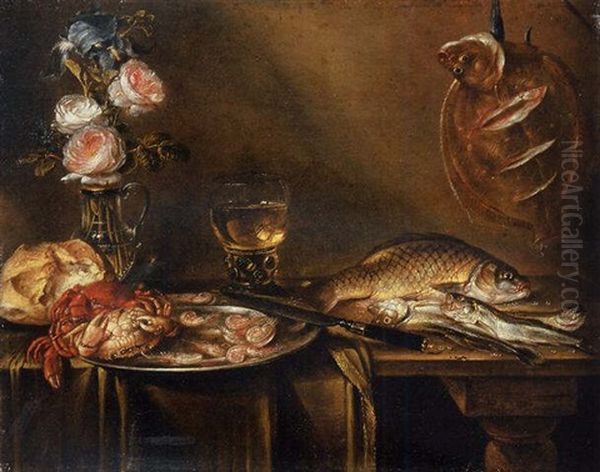 Roses And An Iris In A Glass Vase, Crabs And Prawns On A Pewter Platter, A Bread Roll, A Roemer And Fish On A Partly Draped Table Oil Painting by Alexander Adriaenssen