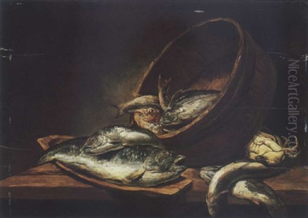 A Bass And A Hake In A Wooden Trencher, A Red Gurnard, A Whiting And Other Fish In A Pannier, With A Crab And Sardines On A Wooden Table Oil Painting by Alexander Adriaenssen