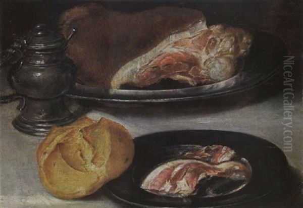 A Still Life With Ham On Pewter Plates, A Un And A Sugar Jar, All On A Table Covered With A White Cloth Oil Painting by Alexander Adriaenssen