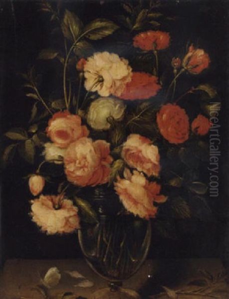 Red, Pink And White Roses In A Glass Vase With A Butterfly On A Ledge Oil Painting by Alexander Adriaenssen