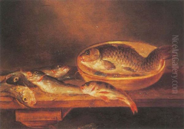A Carp In A Copper Dish With Other Fish On A Table Oil Painting by Alexander Adriaenssen