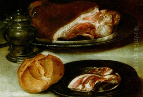 A Still Life With Ham On Pewter Plates, A Bun And A Sugar Jar, All On A Table Covered With A White Table Cloth Oil Painting by Alexander Adriaenssen