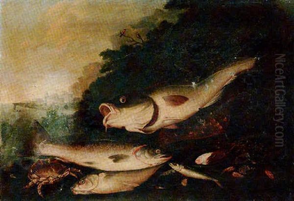 Fish And Shellfish In A Coastal Landscape Oil Painting by Alexander Adriaenssen