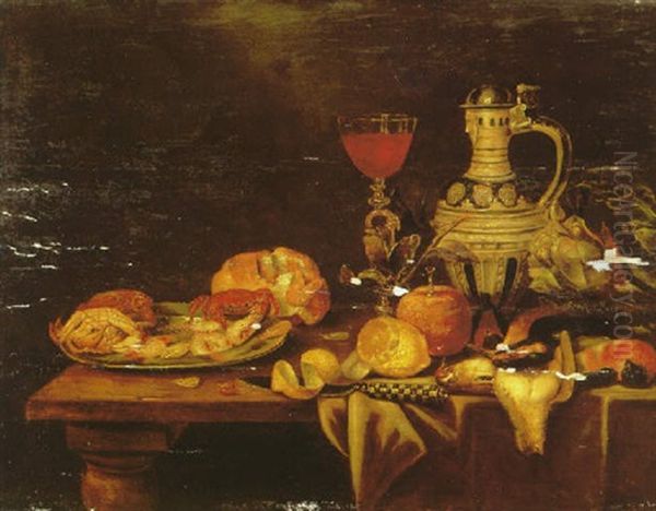 A Still Life Of A Silver Plate With Shellfish, A Peeled Lemon, An Orange, Dead Fowl, An Artichoke, A Saltglazed Stone Jug, A Glass Of Red Wine And A Loaf Of Bread Oil Painting by Alexander Adriaenssen