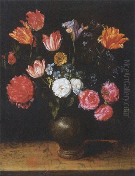 Roses, Lilies, Tulips, A Poppy And Other Flowers In A Stone Ware Jug On A Ledge Oil Painting by Alexander Adriaenssen