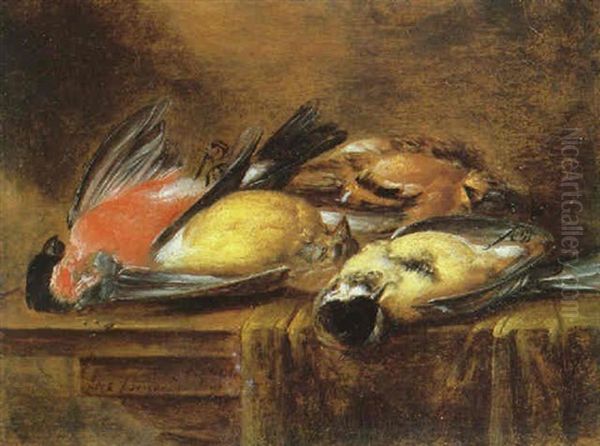 A Still Life Of Finches On A Partially Draped Wooden Table Oil Painting by Alexander Adriaenssen