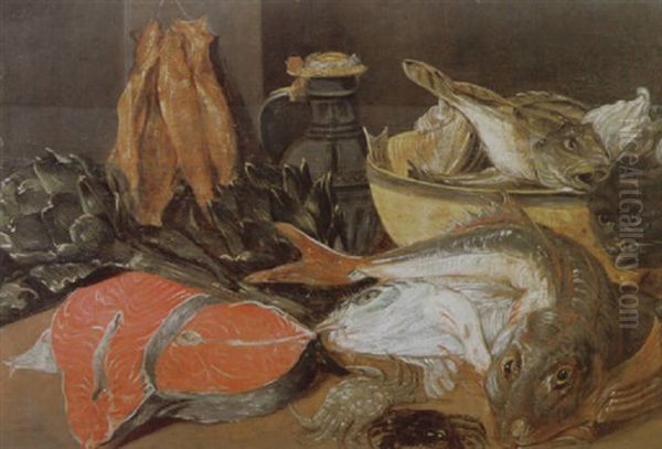 A Larder Still Life Of Fish, Crabs, Artichokes, A Pottery Jug And Bowl With A Fish On A Table Oil Painting by Alexander Adriaenssen