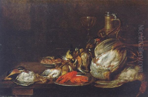 A Still Life Of Dead Game With Lobsters On A Silver Plate, A Glass Goblet, A Wine Flask, A Melon And A Basket On A Wooden Table Oil Painting by Alexander Adriaenssen