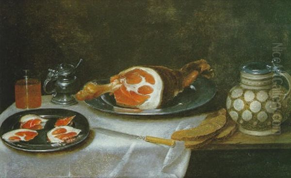 Nature Morte Au Jambon Et Pichet Sur Un Entablement Oil Painting by Alexander Adriaenssen