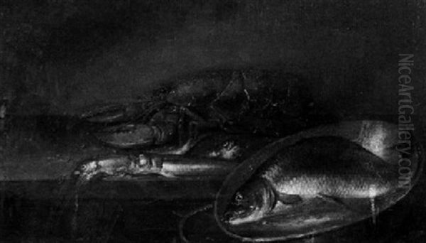 Fischstilleben - Hummer, Karpfen Und Andere Fische Auf Einem Holztisch Und In Einer Messingschussel Oil Painting by Alexander Adriaenssen