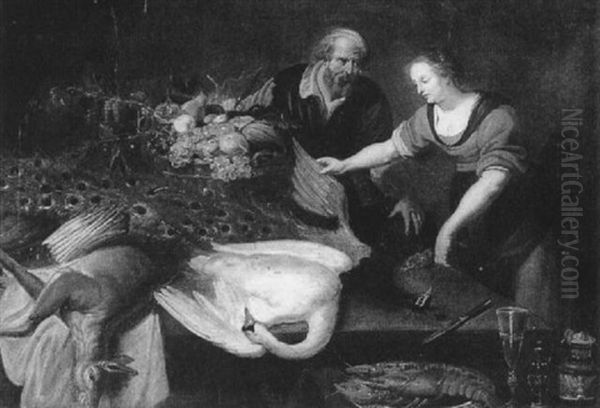 A Kitchen Still Life With A Deer, A Swan, A Peacock, Fruit And Figures Oil Painting by Alexander Adriaenssen