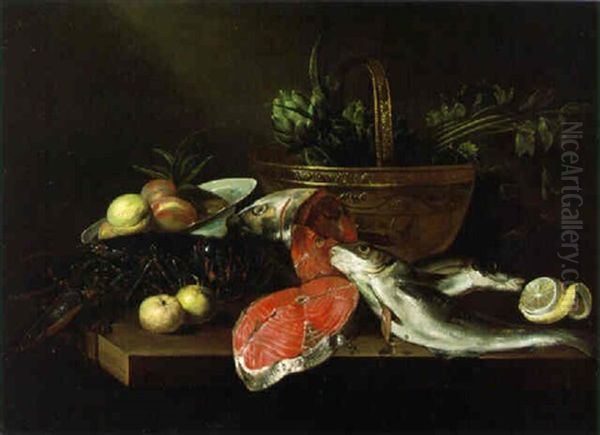 Fish, Lobster, A Cauldron And Other Objects On A Tabletop Oil Painting by Alexander Adriaenssen