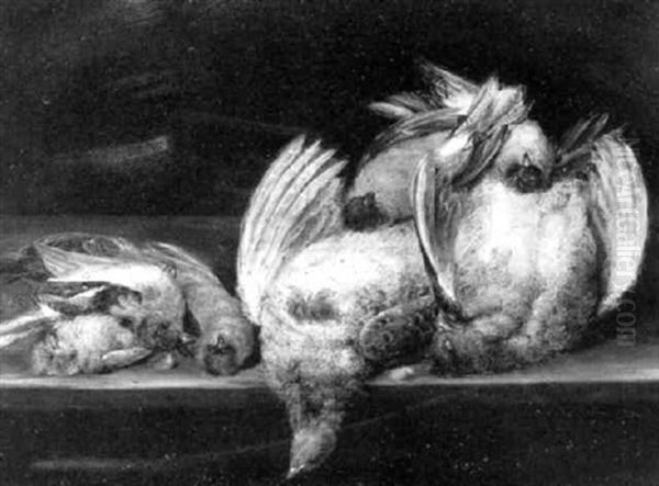 A Dead Pheasant And A Dead Partridge With Songbirds On A Wooden Ledge Oil Painting by Alexander Adriaenssen