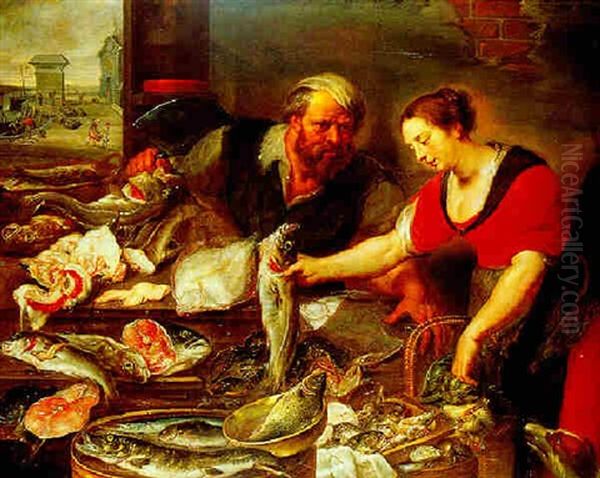 A Market Stall Laden With Fish, With A Woman Buying Cod And A View Of The Oude Kraan In Antwerp Beyond Oil Painting by Alexander Adriaenssen