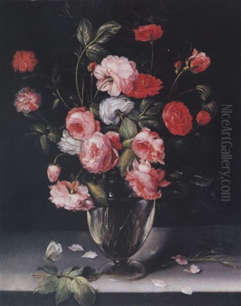 Still Life Of Roses And Carnations In A Glass Vase On A Marble Ledge Oil Painting by Alexander Adriaenssen