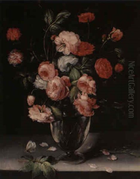 Still Life Of Roses And Carnations In Glass Vase On Marble Ledge Oil Painting by Alexander Adriaenssen