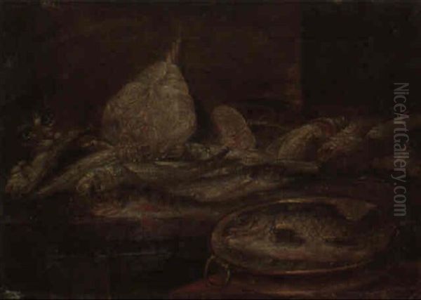 A Cat Stealing Mackerel From A Table Spread With Fish Oil Painting by Alexander Adriaenssen
