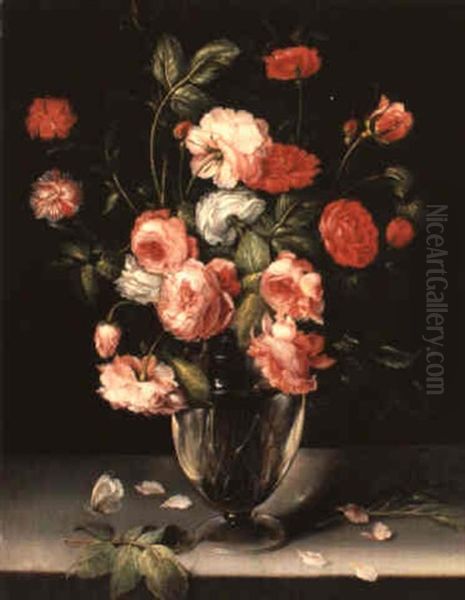 A Still Life Of Roses And Carnations In A Glass Vase On A Marble Ledge Oil Painting by Alexander Adriaenssen