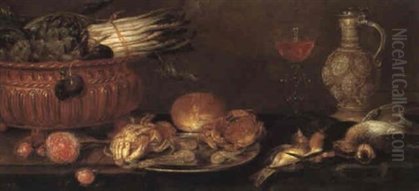 Nature Morte Aux Fleurs, Fruits, Oiseaux Et Crabes Oil Painting by Alexander Adriaenssen