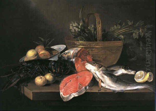 Stilleben Mit Einem Hummer, Fischen Und Fruchten Oil Painting by Alexander Adriaenssen