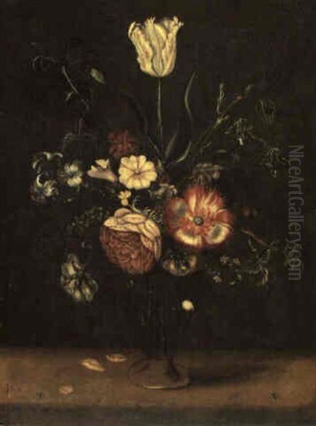 A Still Life Flowers Including A Tulip, Roses And A Peony   In A Glass Vase On A Table With Insects Oil Painting by Alexander Adriaenssen