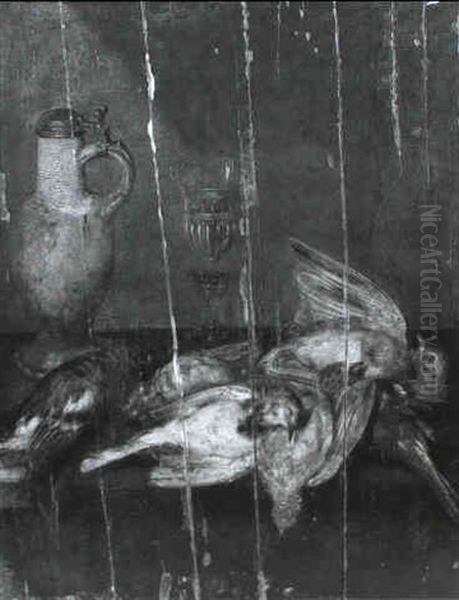 A Still Life With Dead Birds On A Table Draped With A Blue  Cloth Beside A Stoneware Flagon And A Glass Oil Painting by Alexander Adriaenssen