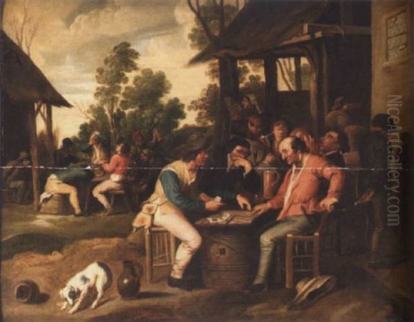 Peasants Playing Cards Outside An Inn Oil Painting by Vincent Adriaenssen