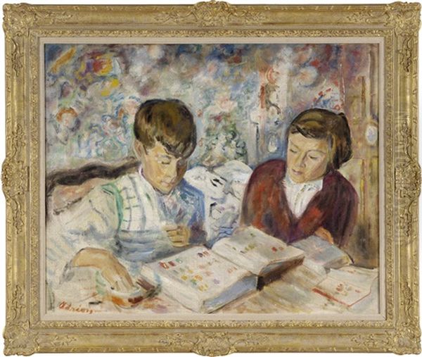Les Philatelistes Mes Enfants Oil Painting by Lucien Adrion