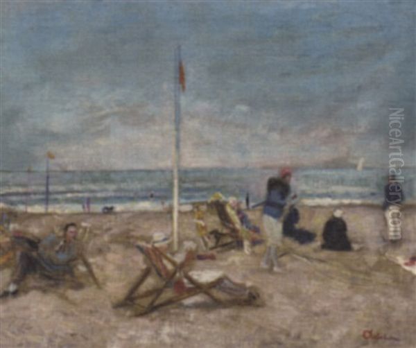 Sur La Plage A Deauville Oil Painting by Lucien Adrion
