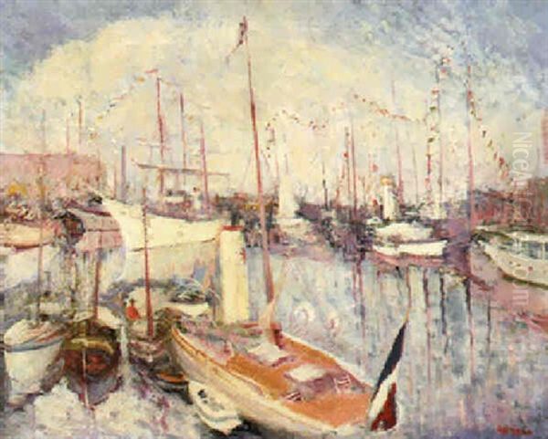 Port De Saint Tropez Oil Painting by Lucien Adrion