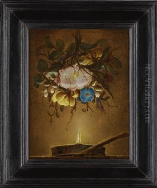 A Bouquet Of Flowers Suspended Above A Lamp Oil Painting by Evert Van Aelst